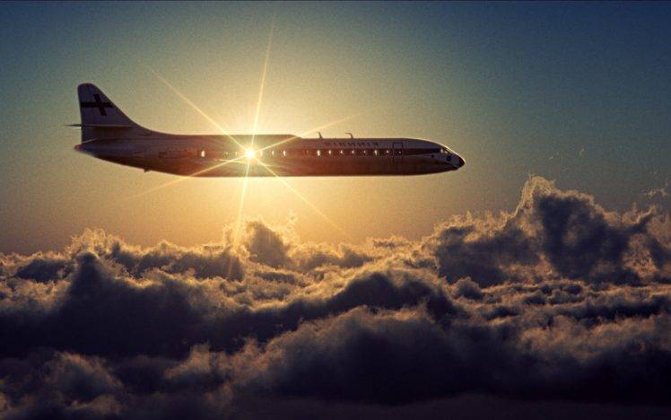 airplane, Aircraft, Sky, Horizon, Flying, Sunset, Lens flare HD Wallpaper Desktop Background
