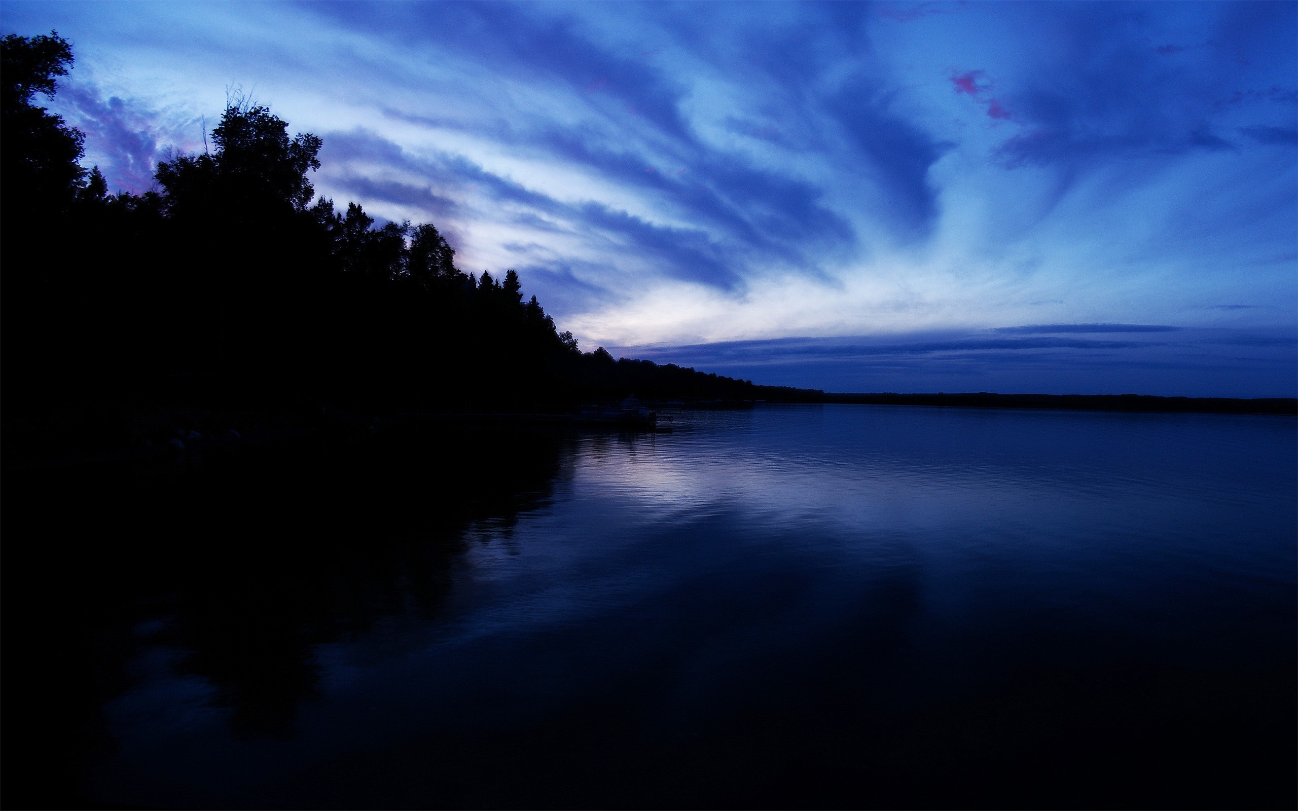 night, Trees, Water, Clouds Wallpaper