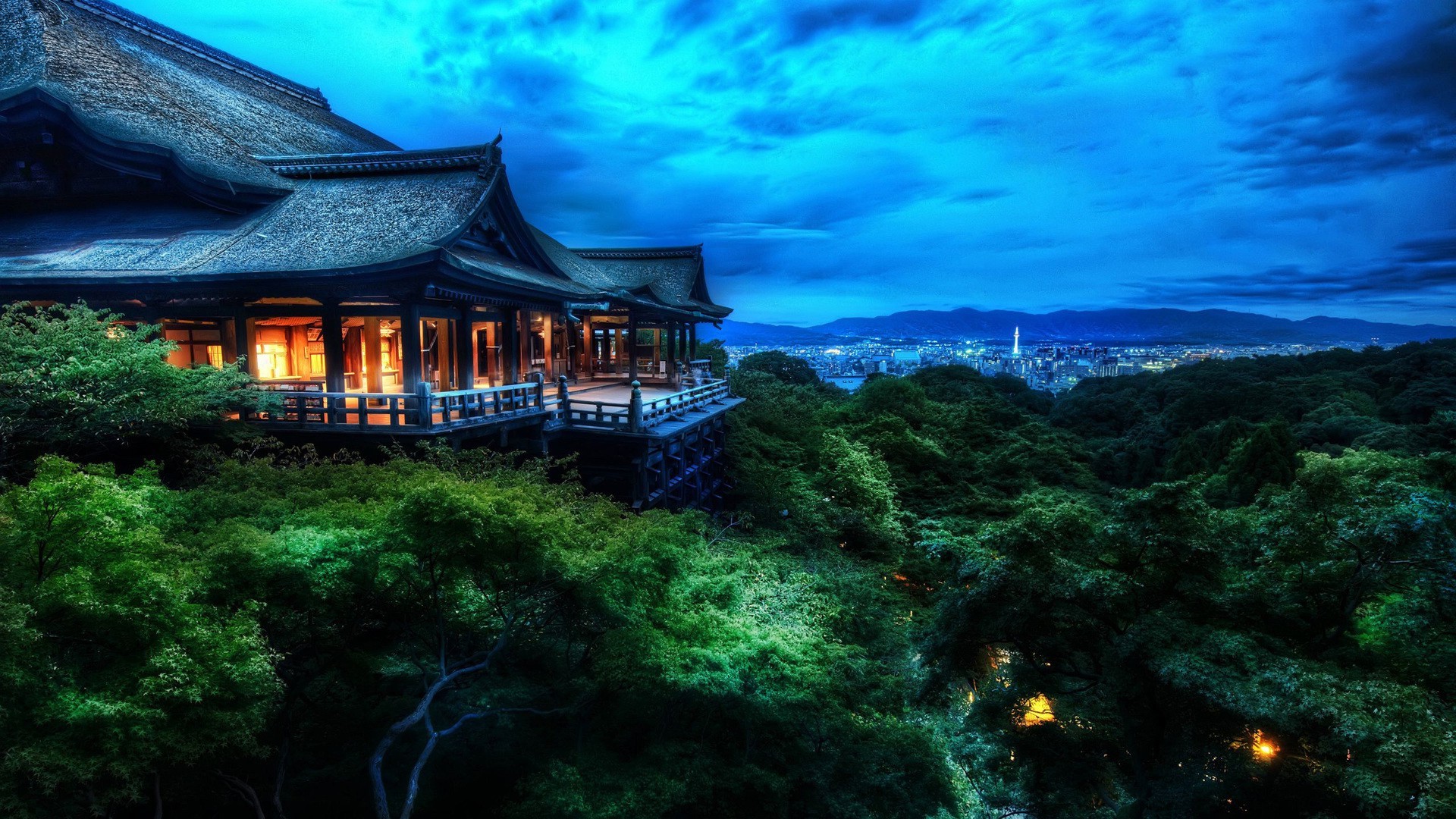Night Forest Trees House Clouds Japan Kyoto Kiyomizudera Wallpapers Hd Desktop And Mobile Backgrounds