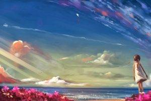 anime girls, Sea, Flowers, Beach, Sky, Clouds