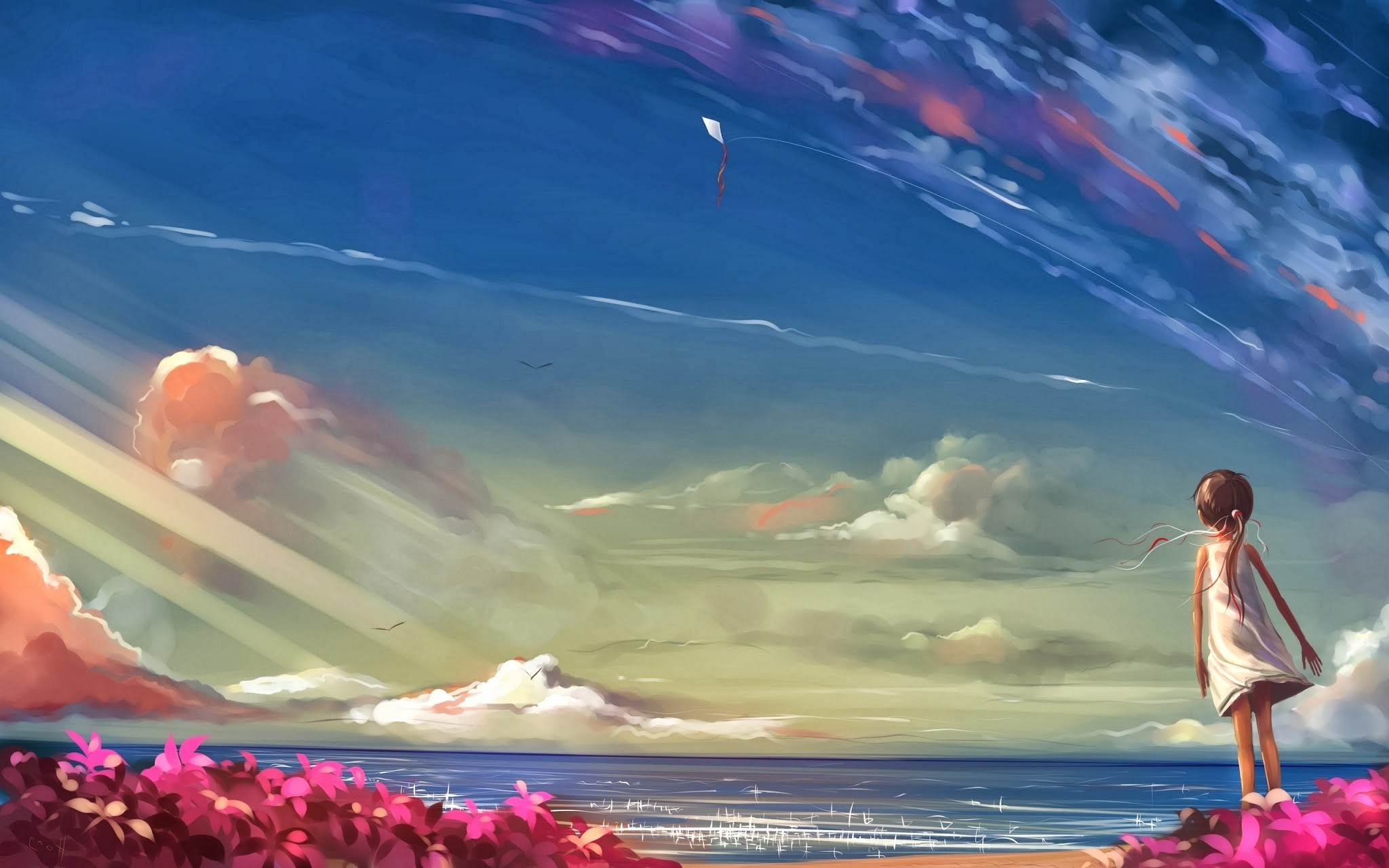 anime girls, Sea, Flowers, Beach, Sky, Clouds Wallpaper