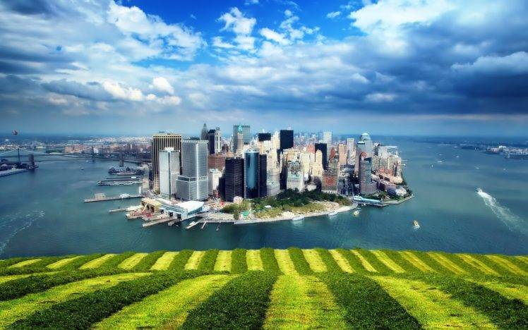 cityscape, Building, Sea, Grass, Clouds HD Wallpaper Desktop Background