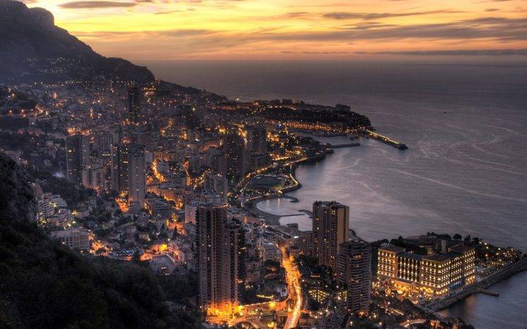 cityscape, Urban, Sunset, Lights, Mountain, Monaco HD Wallpaper Desktop Background