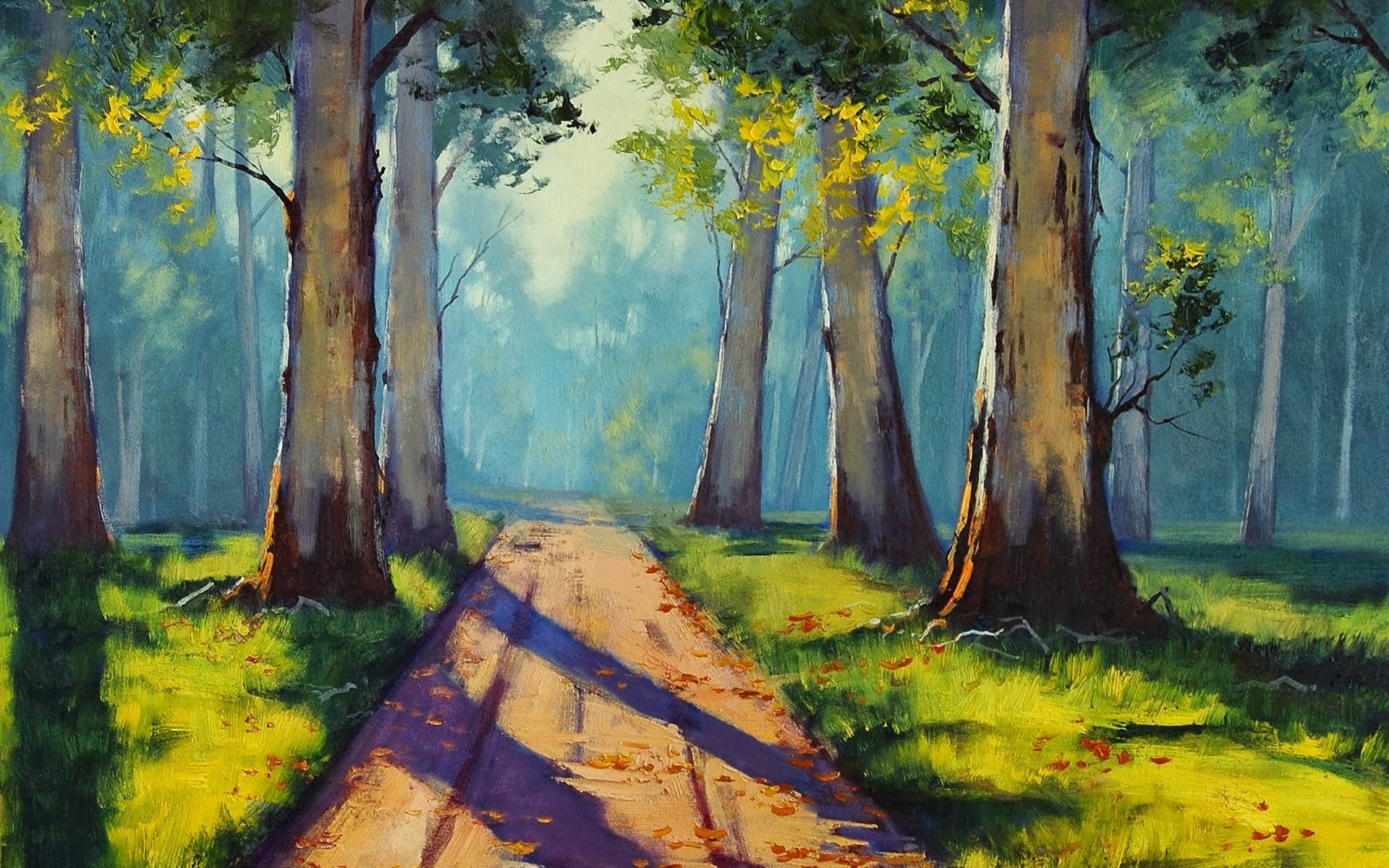 Painting Path Forest Sunlight Trees Graham Gercken Wallpapers Hd