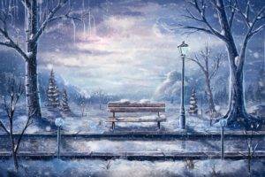 artwork, Bench, Winter, Snow, Street light, Road, Sylar