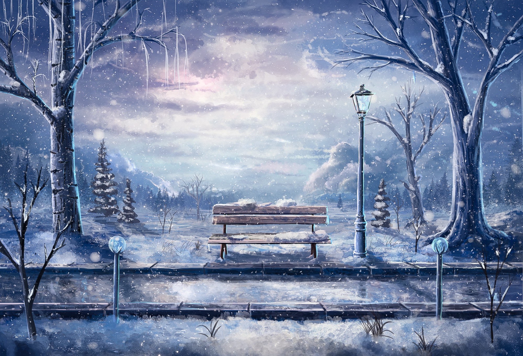 artwork, Bench, Winter, Snow, Street light, Road, Sylar Wallpaper