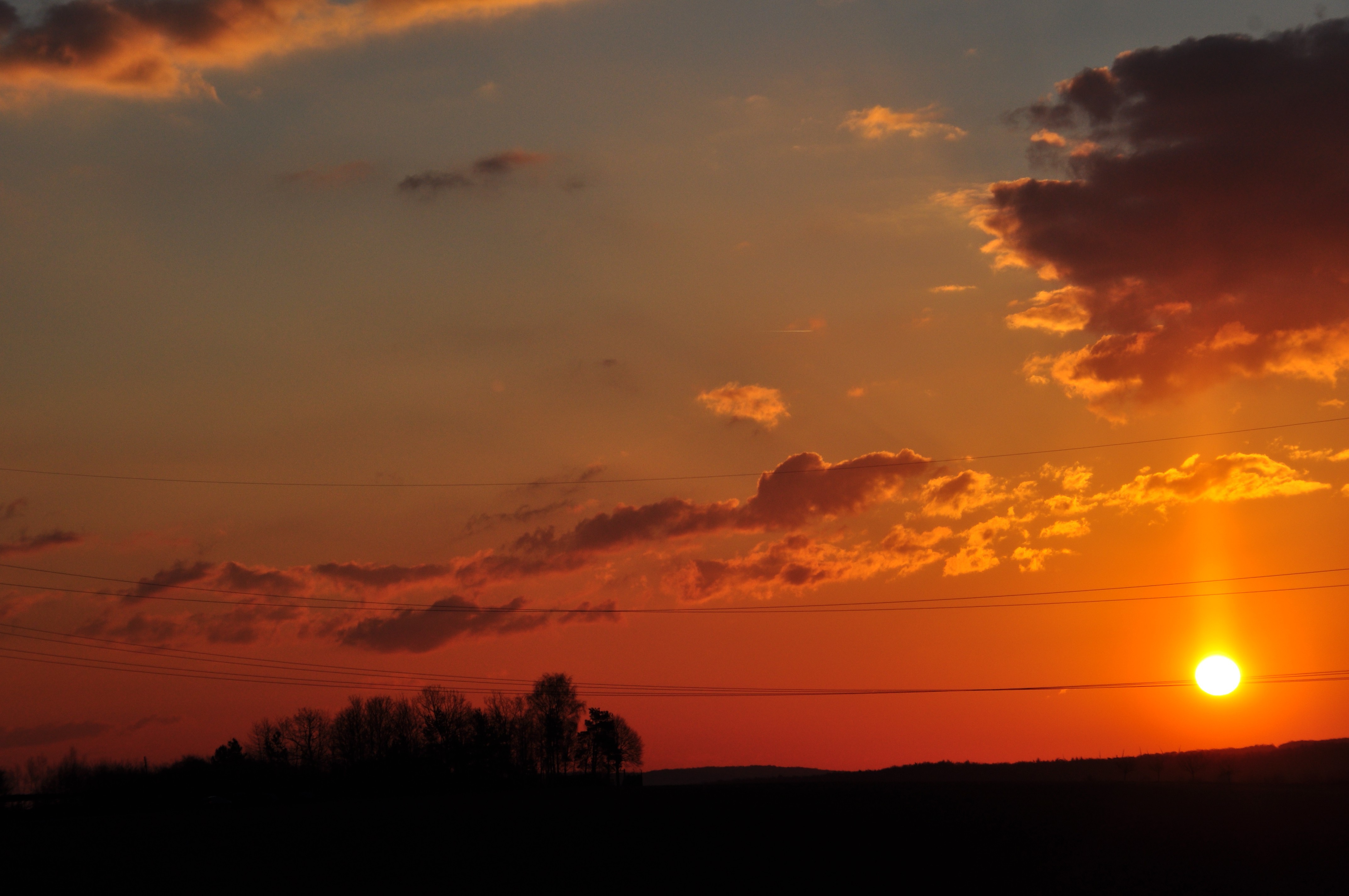 sunset, Power lines, Clouds Wallpaper