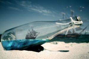 ship, Bottles, Sand, Beach, Depth of field, Photo manipulation, Sailing ship, Water, Macro, Thread