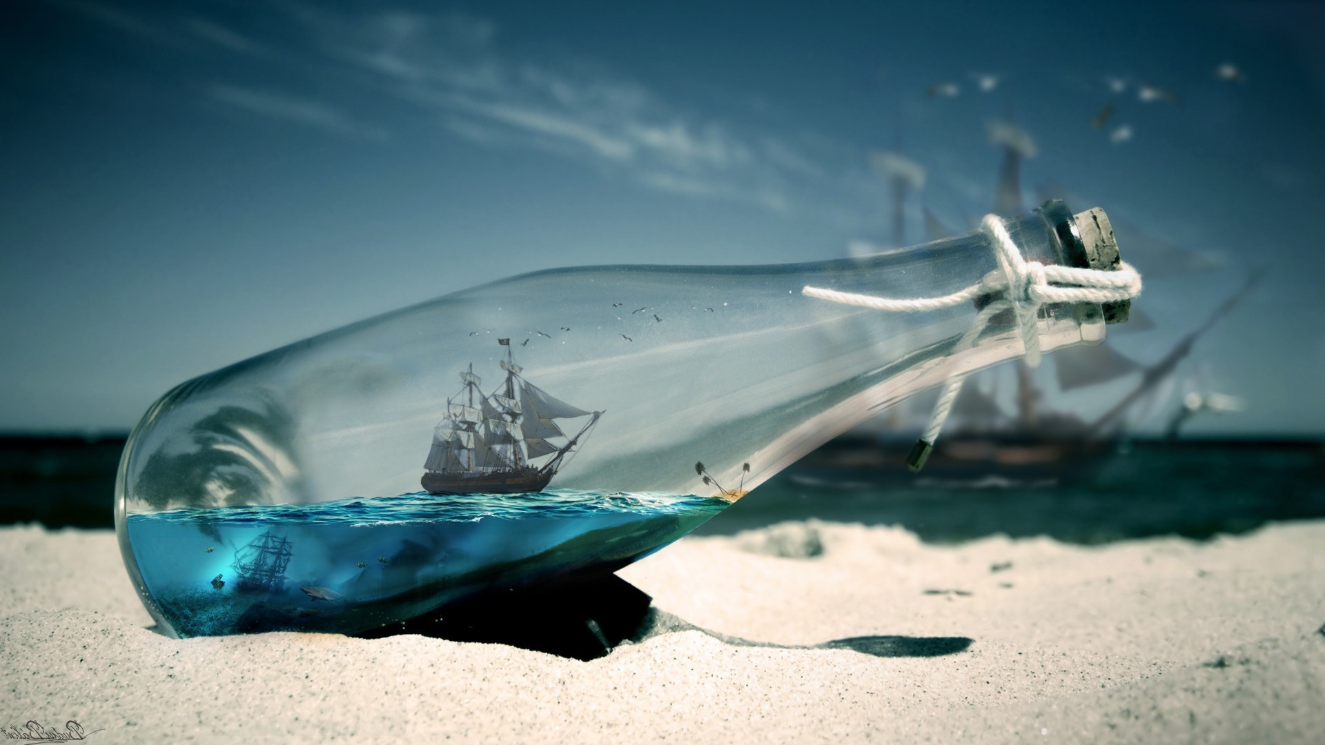 ship, Bottles, Sand, Beach, Depth of field, Photo manipulation, Sailing ship, Water, Macro, Thread Wallpaper