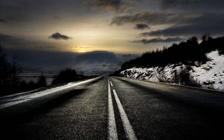 road, Snow, Horizon, Sunset, Sunrise HD Wallpaper Desktop Background