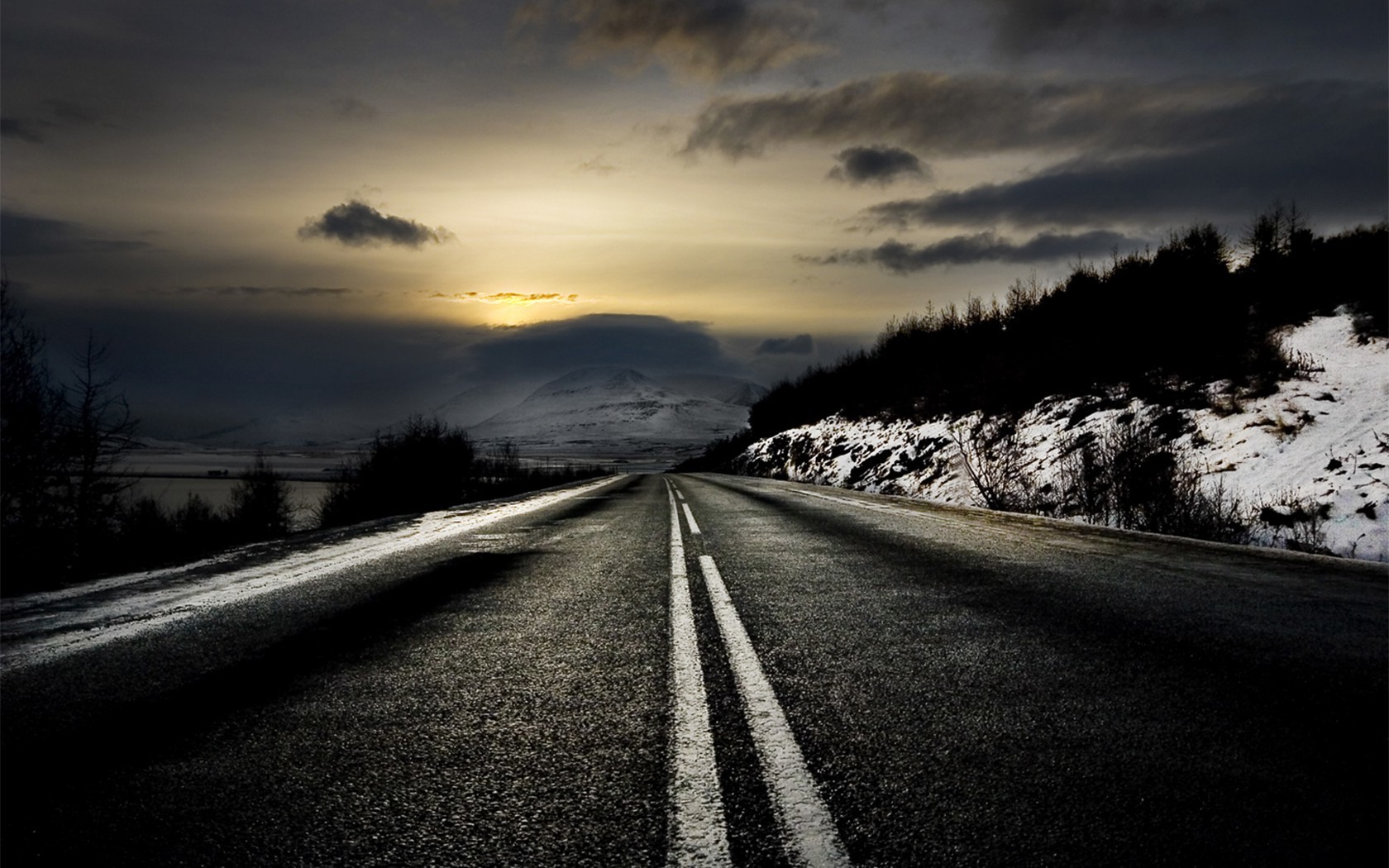 road, Snow, Horizon, Sunset, Sunrise Wallpaper