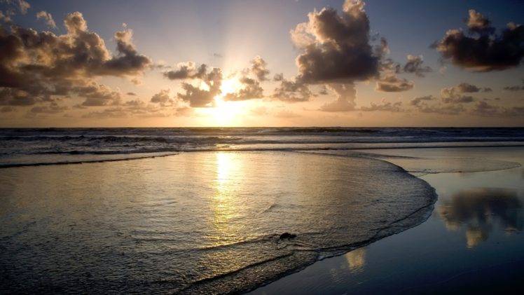 sea, Beach, Sunrise, Sunset, Vignette, Horizon, Coast, Sunlight, Crepuscular rays HD Wallpaper Desktop Background