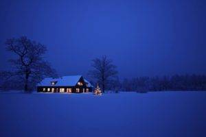 house, Snow, Lights, Winter