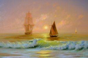 waves, Sea, Boat, Ship, Painting
