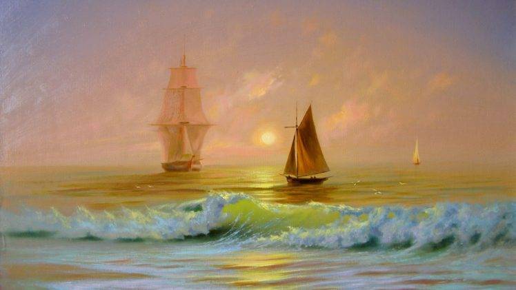 waves, Sea, Boat, Ship, Painting HD Wallpaper Desktop Background