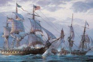painting, Sailing ship, American flag, Sea, Ship
