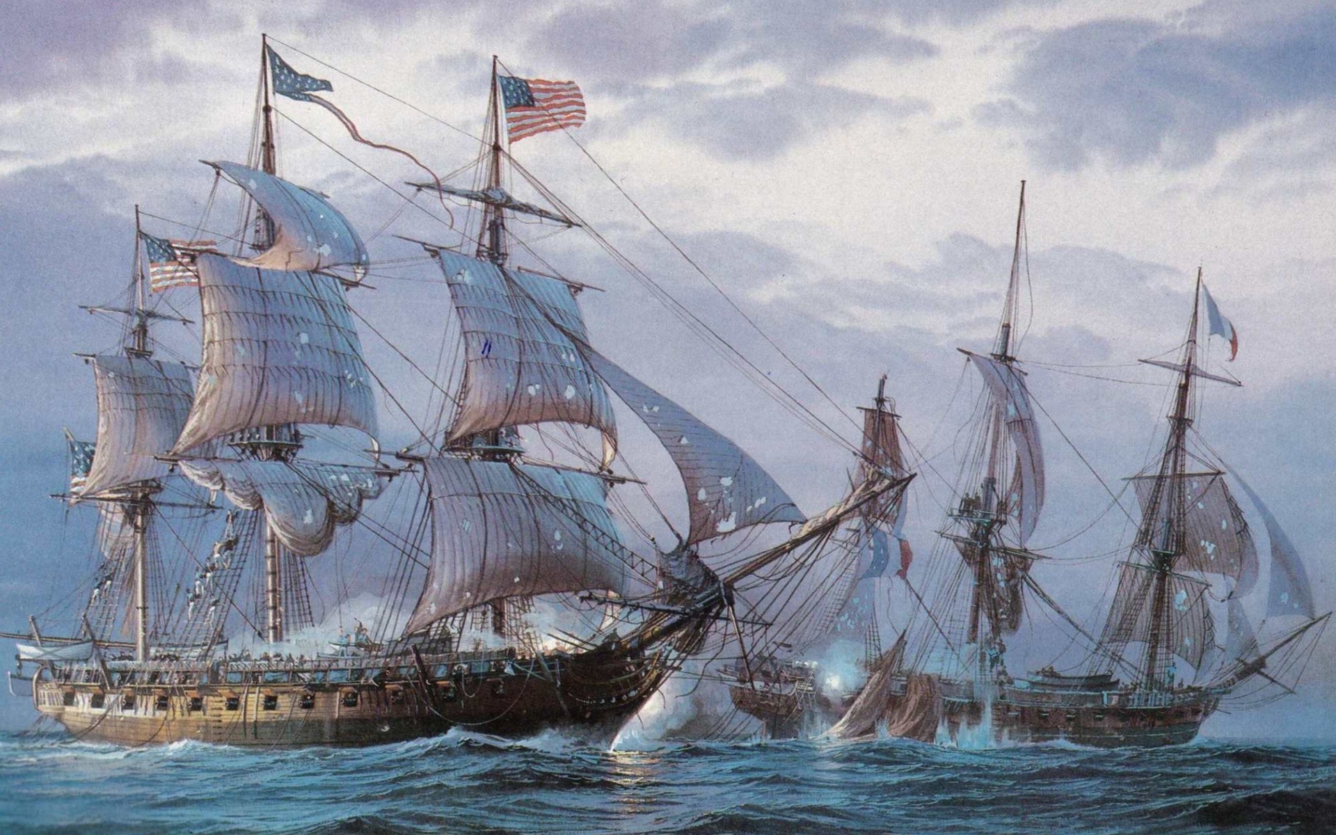 painting, Sailing ship, American flag, Sea, Ship Wallpaper