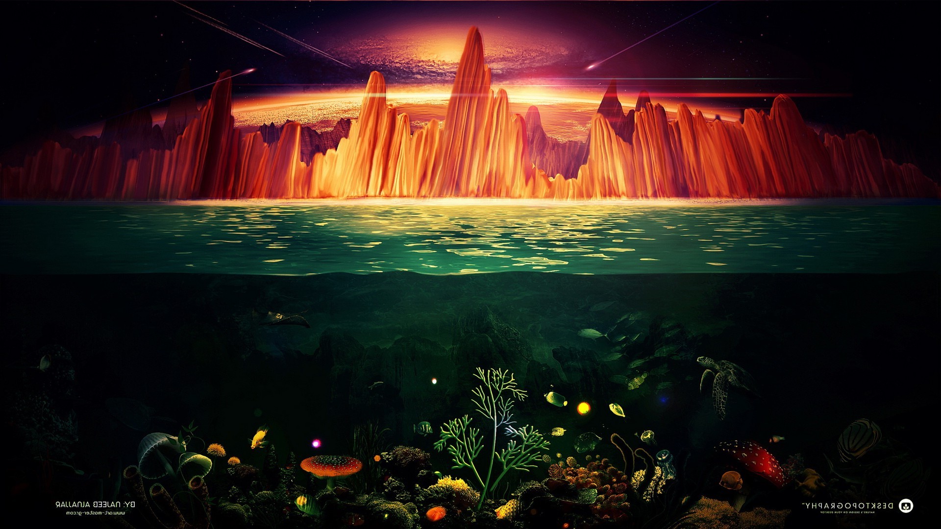 Desktopography, Split view, Cliff, Fish, Sea, Turtle Wallpaper