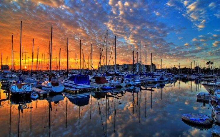 reflection, Clouds, Sea, Boat, Sunset HD Wallpaper Desktop Background