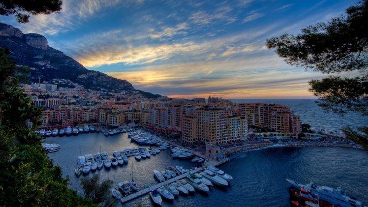 Monaco, Sunset, Coast, Boat, Dock, City, Cityscape, Trees, Sea HD Wallpaper Desktop Background