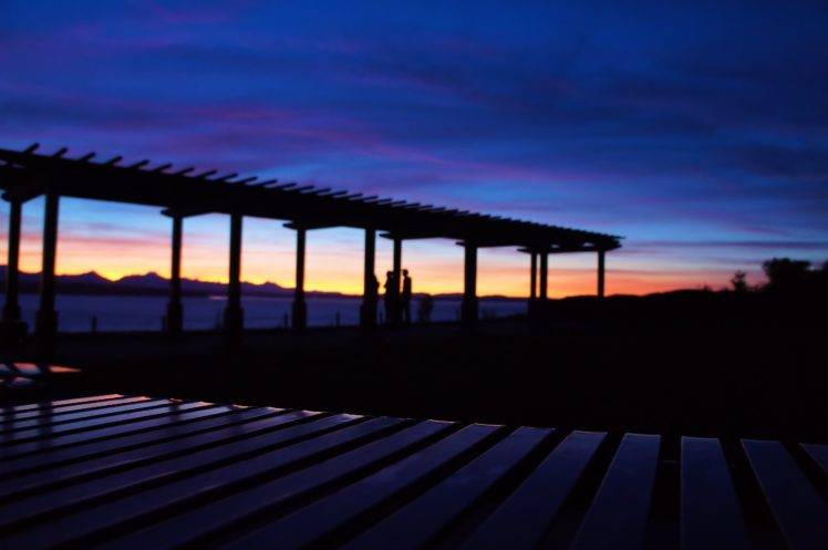 beach, Sunset, Pier, Blurred, Depth of field, Washington state, USA HD Wallpaper Desktop Background