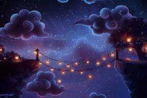 clouds, Artwork, Lantern, Bridge, Cliff, Stars