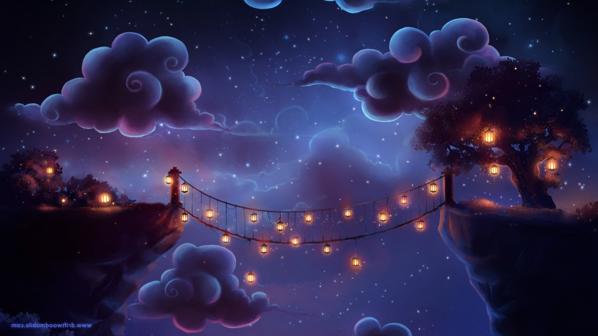 clouds, Artwork, Lantern, Bridge, Cliff, Stars Wallpaper