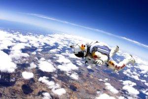 clouds, Red Bull, Sky, Horizon, Spacesuit, Skydiving