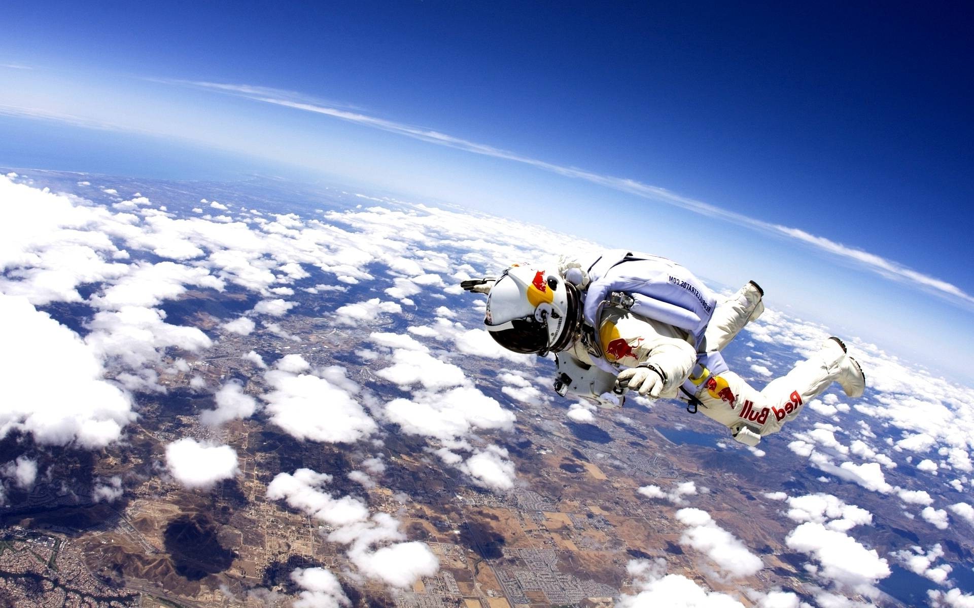 clouds, Red Bull, Sky, Horizon, Spacesuit, Skydiving Wallpaper