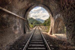 tunnel, Arch, Railway, Bricks, Stones, HDR, Hill, Trees, Clouds