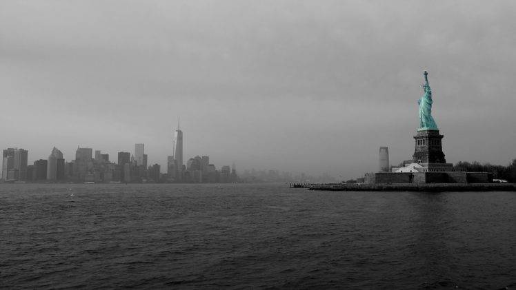cityscape, City, Architecture, Building, Skyscraper, Manhattan, New York City, USA, Bay, Statue of Liberty, Island, Selective coloring, Sea HD Wallpaper Desktop Background