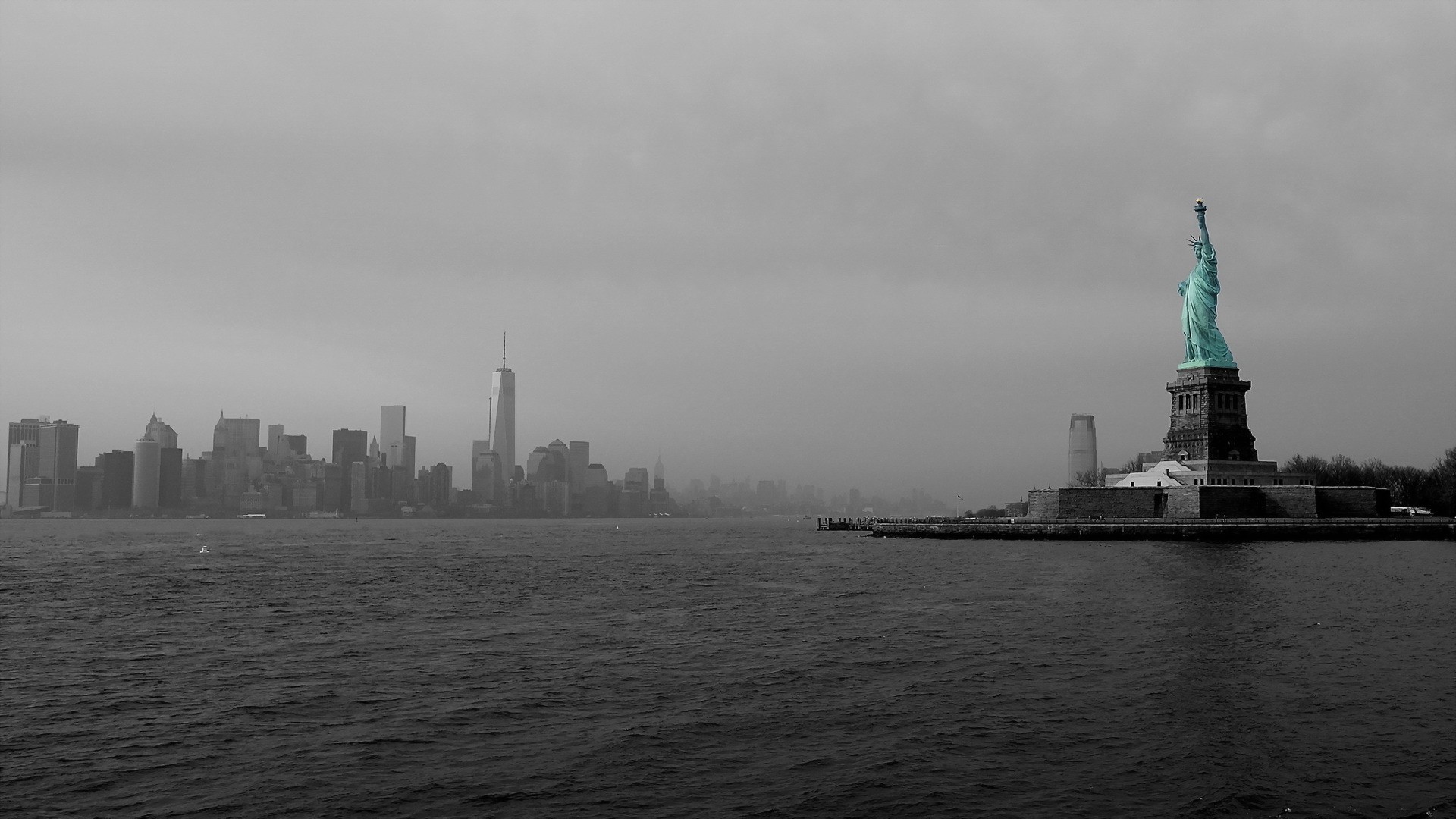 cityscape, City, Architecture, Building, Skyscraper, Manhattan, New York City, USA, Bay, Statue of Liberty, Island, Selective coloring, Sea Wallpaper