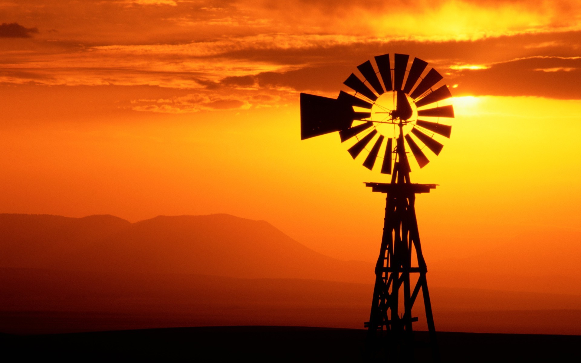 USA, Silhouette, Sunset, Windmills Wallpaper