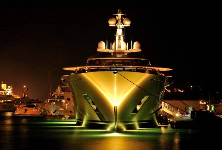 ship, Sea, Dock, Yachts, Night, Lights, Reflection, Long exposure HD Wallpaper Desktop Background