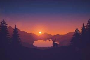 sunset, Drawing, Animals, Lake, Landscape, Deer, Artwork, Silhouette, Nature, Digital art, Trees, Pine trees, Hills, Clear sky, Vector, Warm colors, Firewatch, Video games