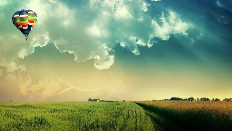 hot air balloons, Digital art, Sky, Clouds, Field, Landscape HD Wallpaper Desktop Background