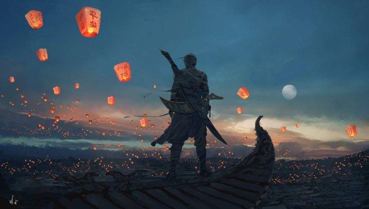 sea, Artwork, Moon, Warrior, Sky lanterns HD Wallpaper Desktop Background