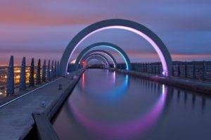 architecture, Water, Canal, Wheels, Falkirk Wheel, Scotland, UK, Reflection, Fence, Clouds, Evening, Lights, Long exposure, Arch