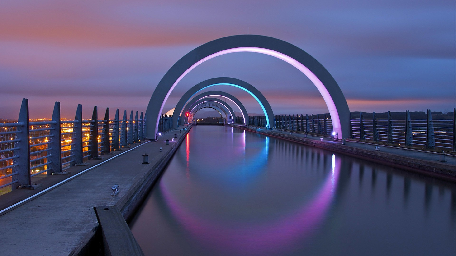 architecture, Water, Canal, Wheels, Falkirk Wheel, Scotland, UK, Reflection, Fence, Clouds, Evening, Lights, Long exposure, Arch Wallpaper