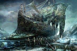 painting, Artwork, Sea, Ship, Sailing ship, Clouds, Anchors, Abandoned, Rock