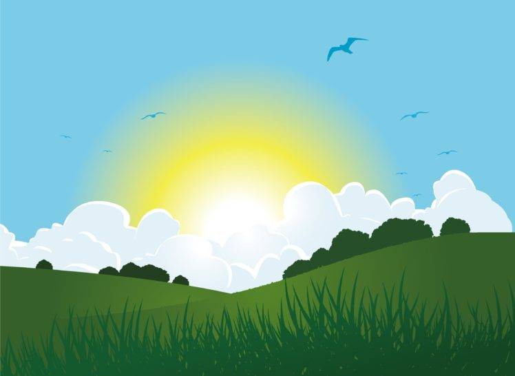 Sun, Clouds, Grass, Vector art HD Wallpaper Desktop Background