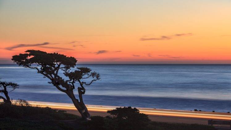 beach, Sunset, Long exposure, Trees, Minimalism HD Wallpaper Desktop Background