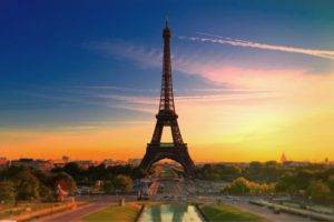 Eiffel Tower, Paris, France, Color correction, Sunset, Sky, Architecture, Tower, Clouds, Contrails