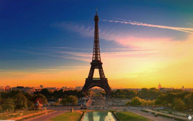 Eiffel Tower, Paris, France, Color correction, Sunset, Sky, Architecture, Tower, Clouds, Contrails HD Wallpaper Desktop Background