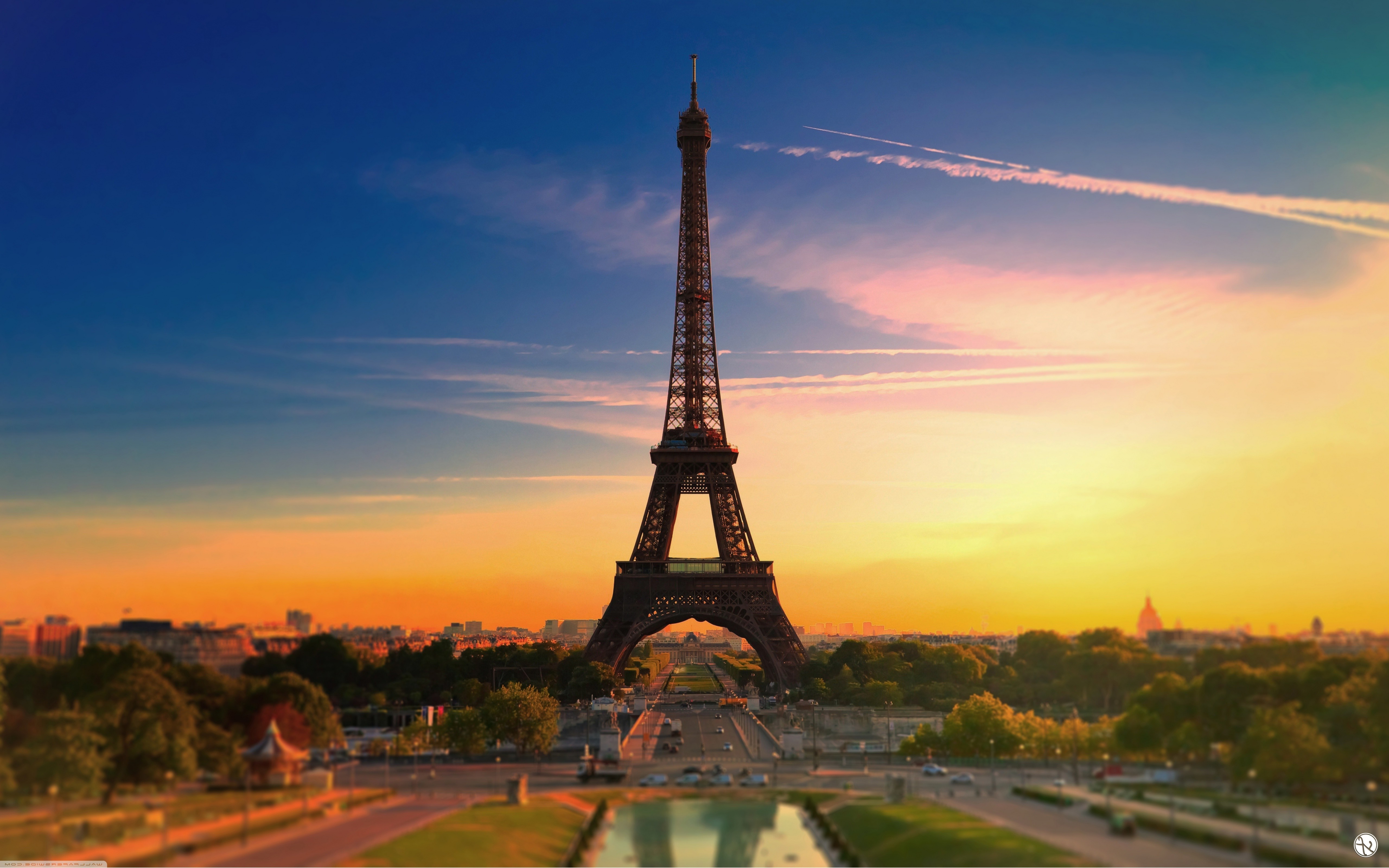 Eiffel Tower, Paris, France, Color correction, Sunset, Sky, Architecture, Tower, Clouds, Contrails Wallpaper