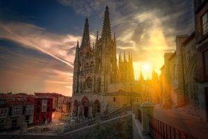 cityscape, Architecture, Town, Building, Burgos, Spain, Cathedral, House, Tower, Sun, Sunlight, Clouds