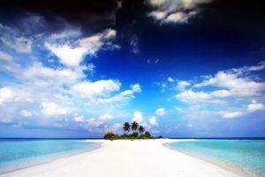 clouds, Island, Palm trees, Water, Sand, Tropical, Tropic island