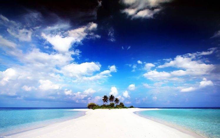 clouds, Island, Palm trees, Water, Sand, Tropical, Tropic island HD Wallpaper Desktop Background