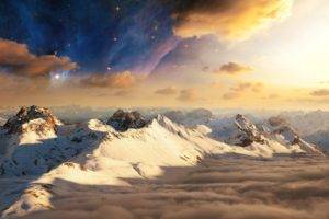 mountain, Snow, Stars, Clouds