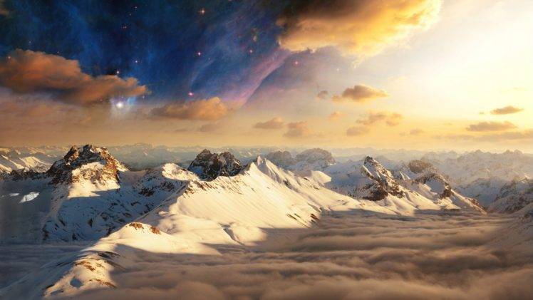 mountain, Snow, Stars, Clouds HD Wallpaper Desktop Background